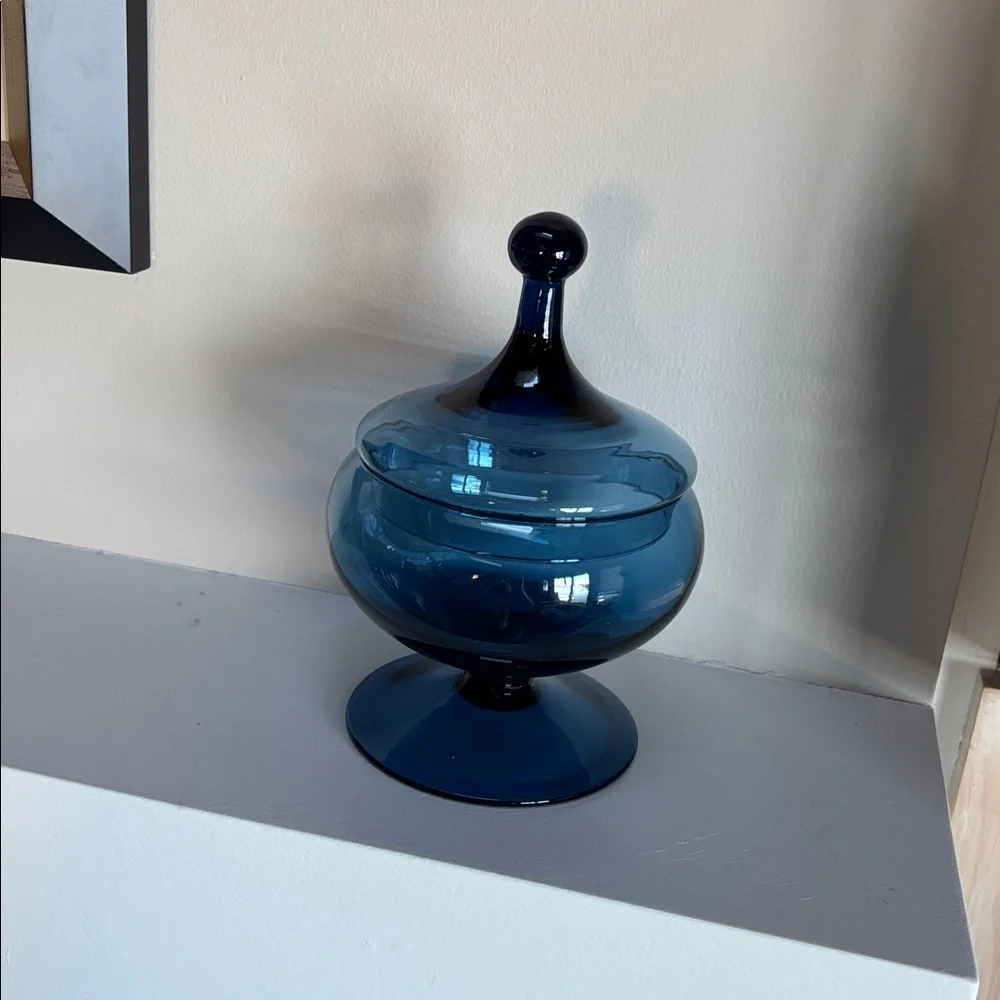 Vintage Cobalt Blue Italian Empoli Apothecary Jar Circus Tent Lid Footed Base